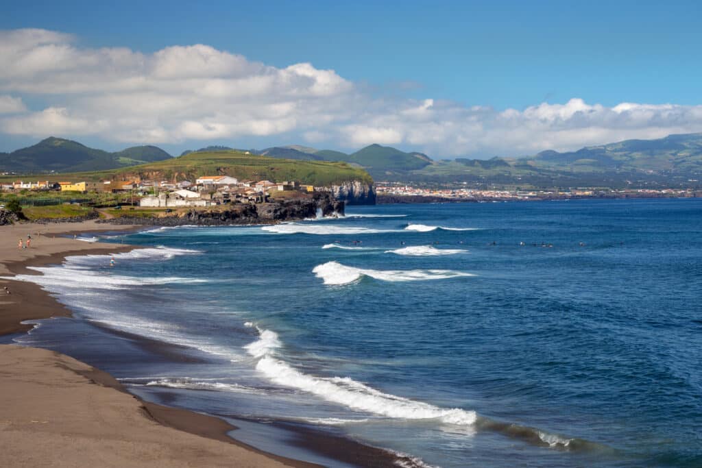 Scenic view of Atlantic coast and Ribeira Grande town at north c